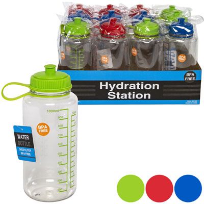 12 pieces of Water Bottle 1liter Plastic W/measure 3ast Clr In Tray Dsply Ht/7in Bottle Size