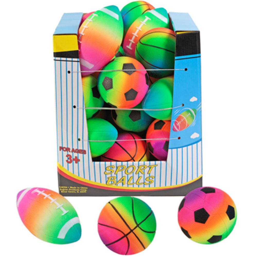 24 pieces of Rainbow Sports Balls Pvc 3ast Soccer/bsktball/football 4.75in 24pc Pdq