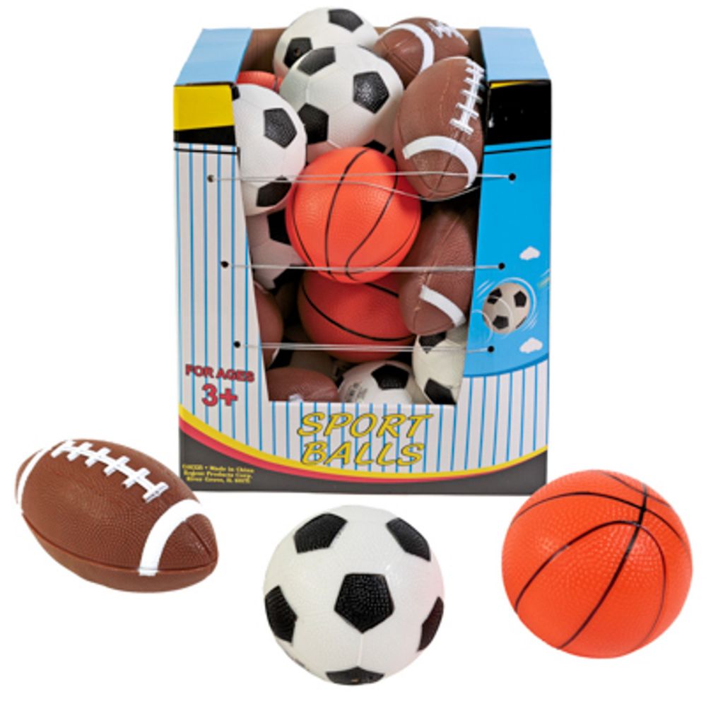 24 pieces of Sports Balls Traditional 3 Asst Soccer/basket/football Pvc 4.75in 24pc Pdq