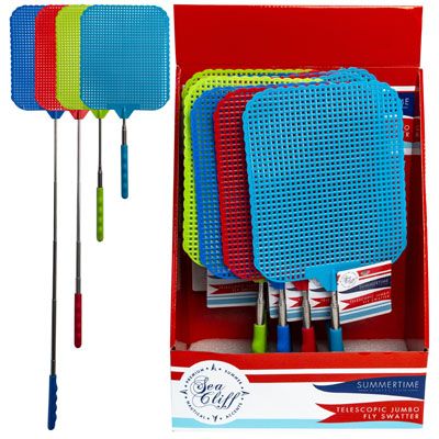 24 pieces of Fly Swatter Jumbo Telescopic Extends To 30in/4ast Clr 12pc Pdq Head 6.25x7.5in Summr Wrap Label