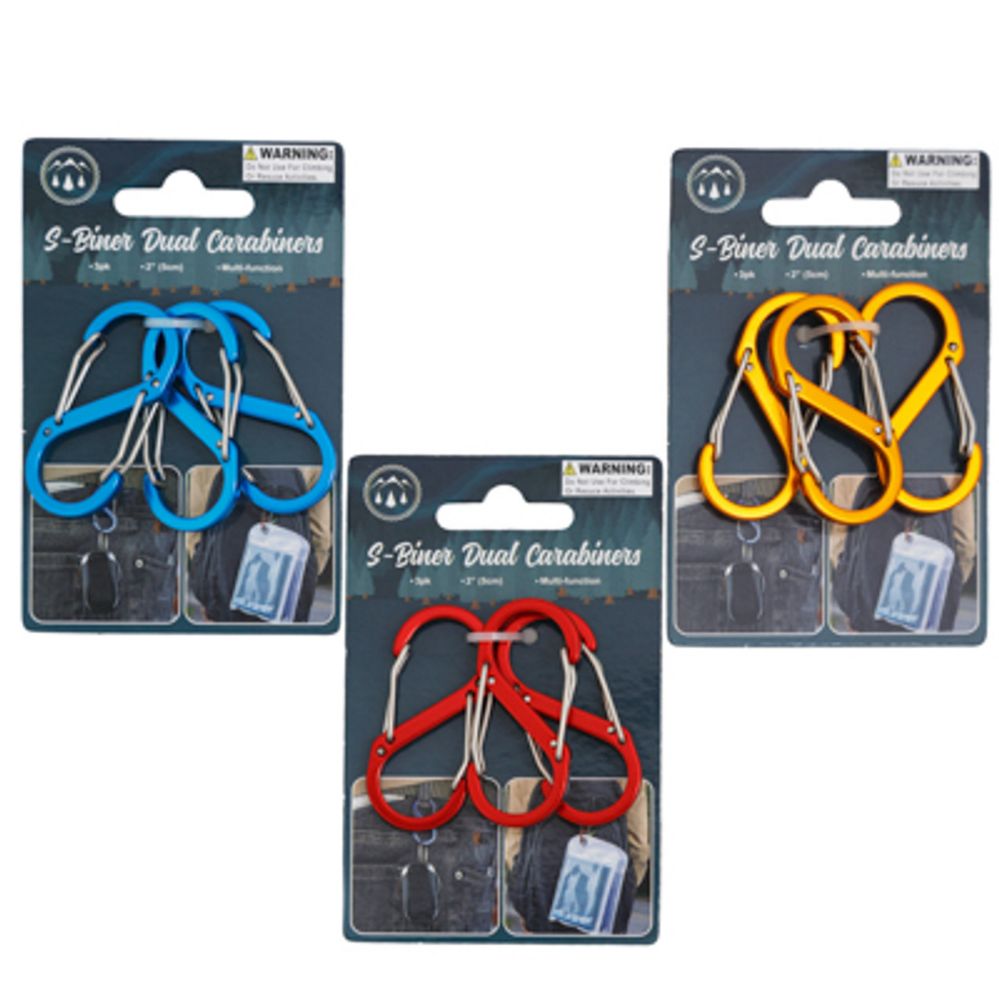 48 pieces of Carabiner S Shape Double Gated 3pk 2inl Alloy/iron 3ast Clrs On 12pc Mdsg Strip/tcd