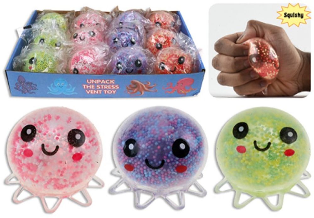 24 pieces of Squishy Octopus LighT-Up Microbead 2.5in 4ast In 12pc Pdq Ea Pb/label