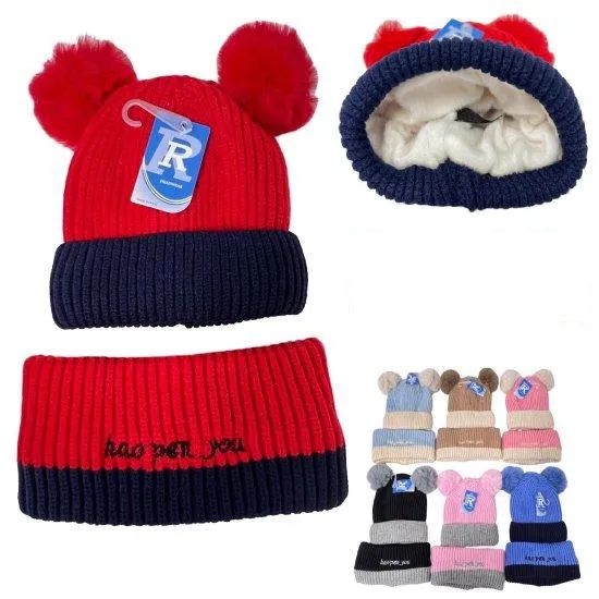 48 Pieces of Children PlusH-Lined Knit Hat With Pompom With Neck Warmer