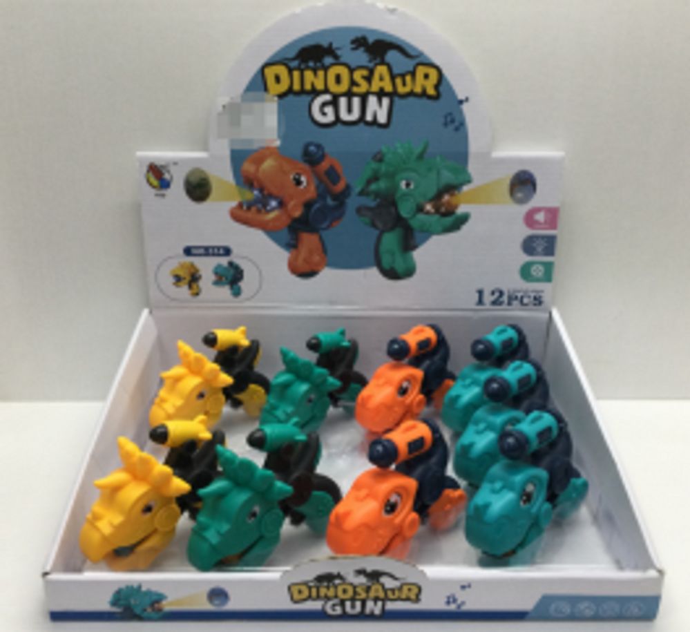 12 pieces of Dino LighT-Up Gun W/sound 4.25in 4ast Styles In 12pc Pdq Ea W/ht