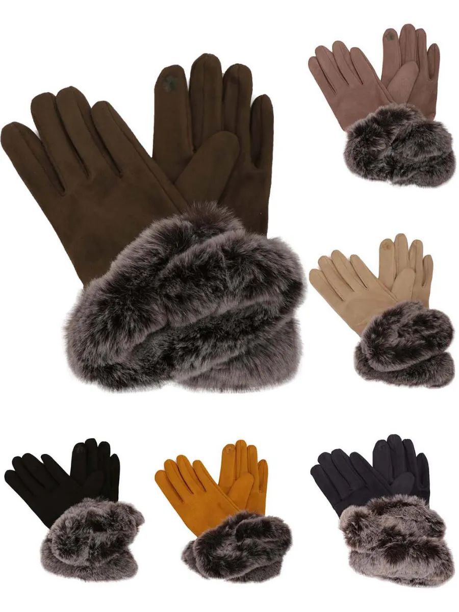 48 Pieces of Women's Suede Winter Gloves W/ Fur Cuff