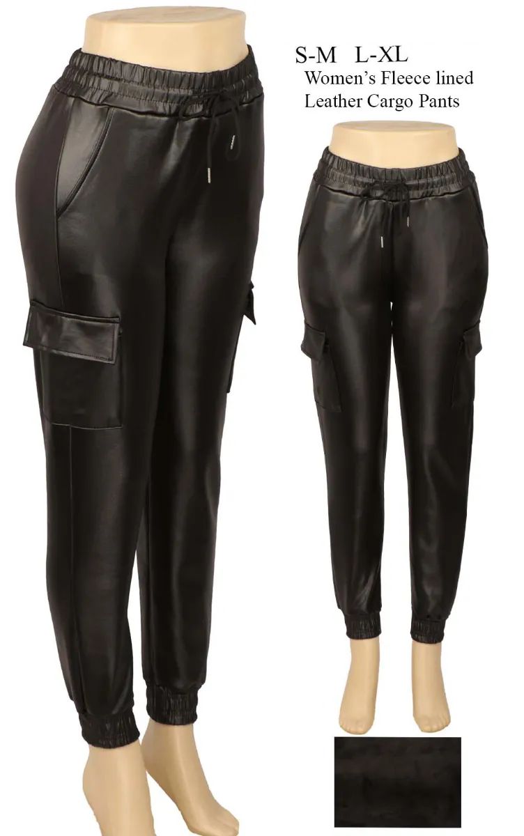 72 Wholesale Women's Fleece Lined Leather Cargo Pants - at