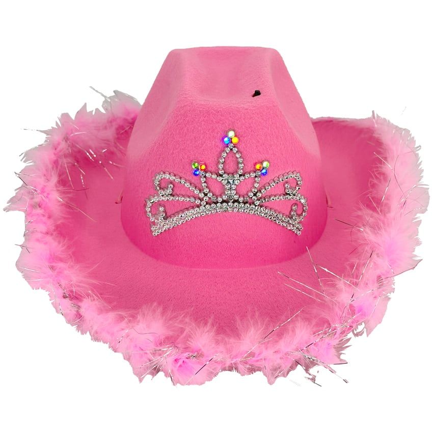 12 pieces of Light-up Pink Cowgirl Hats with Feathers for Kids - Tiara Crown