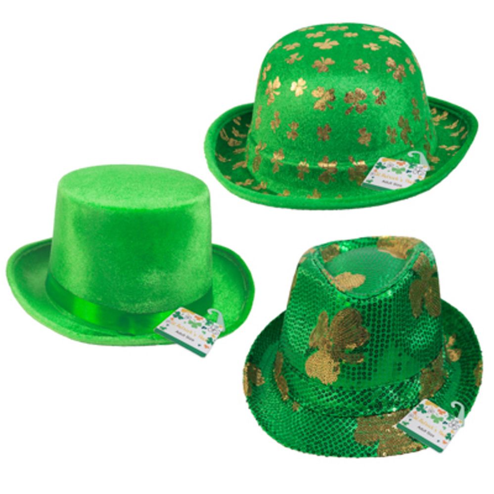 18 pieces of Hat St Patricks 3ast Shamrock Hotstamp Print Derby/sequins Fedora/velvet Tophat Jhook/ht