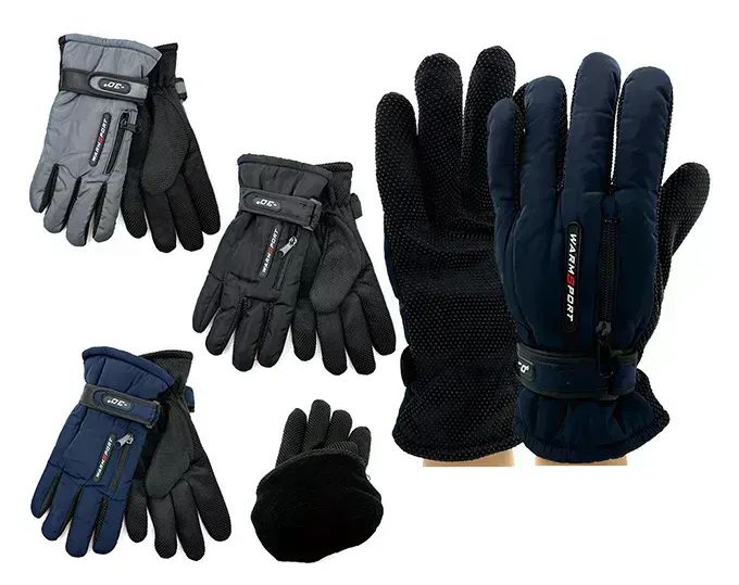 24 Pairs of Men's Assorted Fuzzy Interior Gripper Winter Gloves With Strap