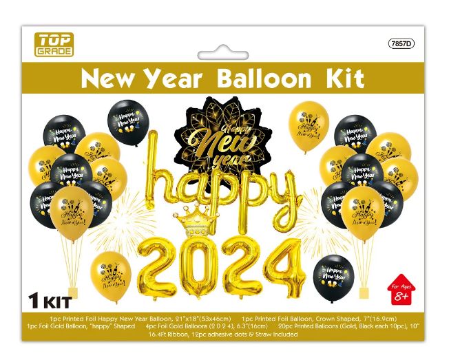 black gold new years balloons 2024