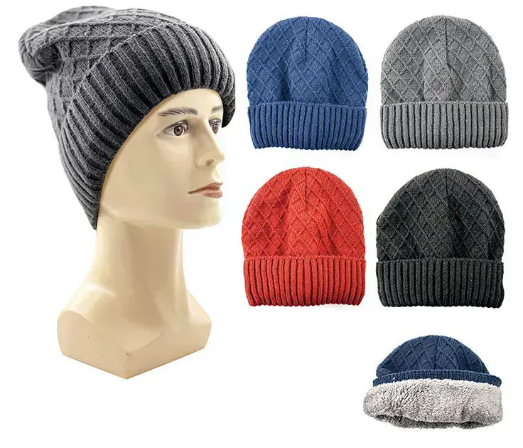 24 Pairs Mens Assorted Fuzzy Interior Winter Hats - Winter Beanie Hats