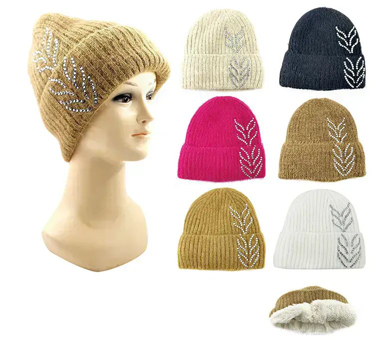 24 Pairs Womens Knit Beanie With Leaf Decal - Winter Beanie Hats