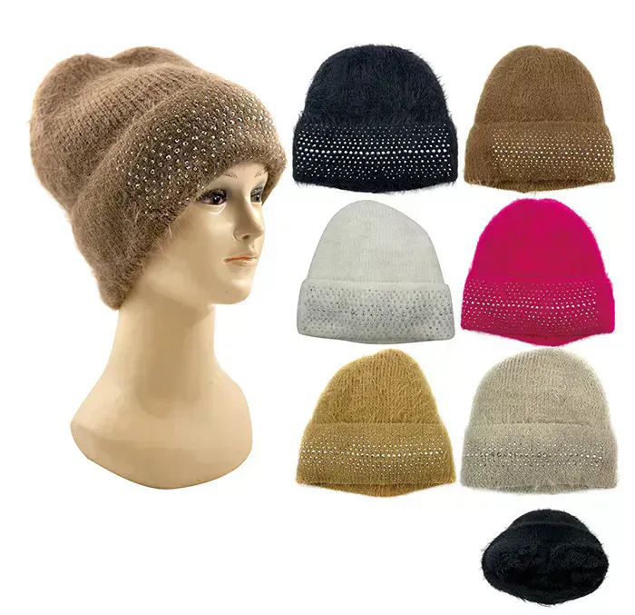 24 Pairs Womens Fuzzy Beanie With Gem Decal - Winter Beanie Hats