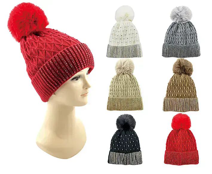 24 Pairs Womens Knit Beanie With Pom Pom And Sequins - Winter Beanie Hats