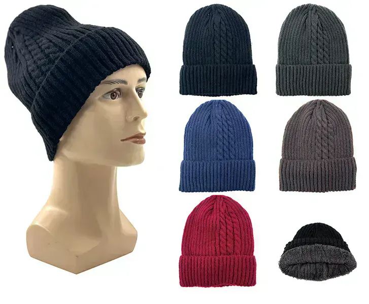 24 Wholesale Mens Knit Beanie With Fuzzy Interior