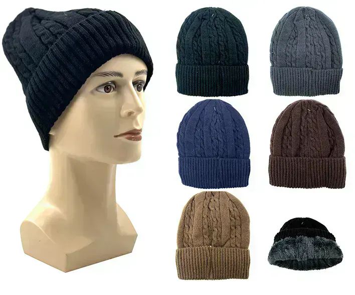 24 Pairs Mens Knit Beanie With Fuzzy Interior - Winter Beanie Hats