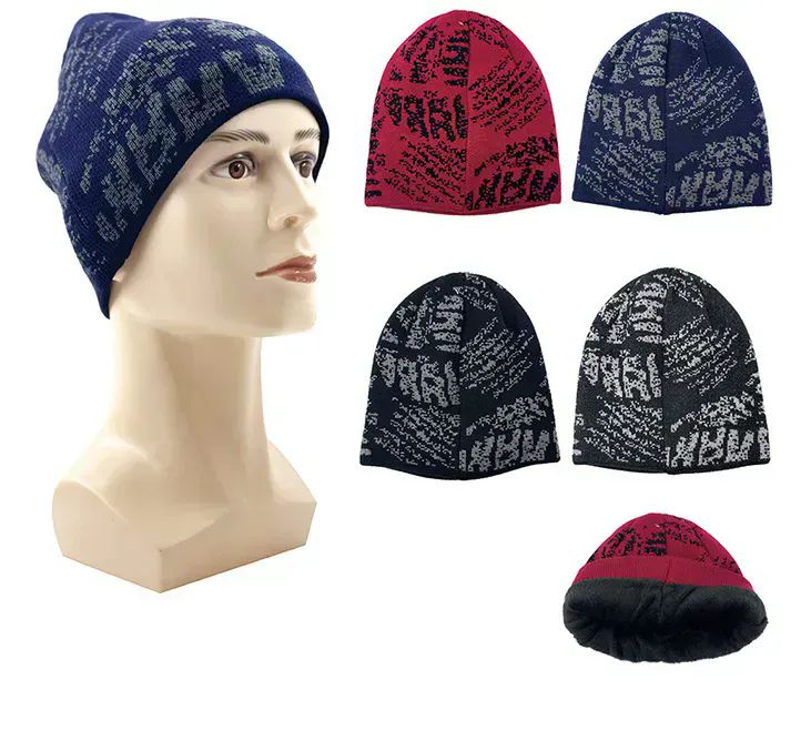 24 Wholesale Mens Graphic Beanie With Fuzzy Interior