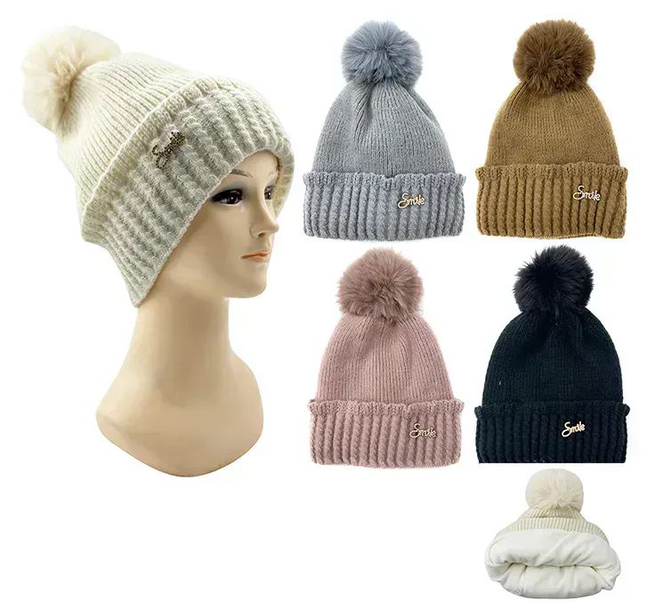 24 Pairs Womens Pom Pom Beanie With Fuzzy Interior - Winter Beanie Hats
