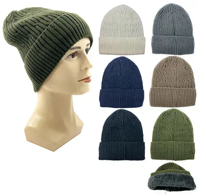24 Wholesale Mens Winter Beanie Hat With Fuzzy Interior