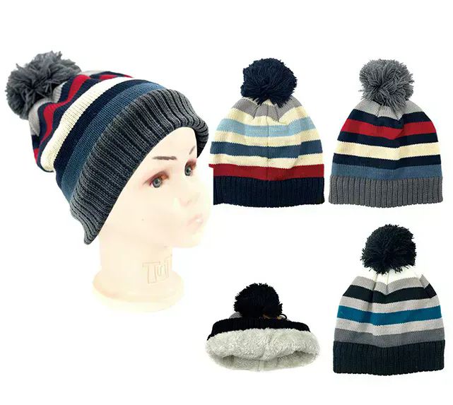 24 Wholesale Kids Winter Hat With Pom Poms Fuzzy Interior