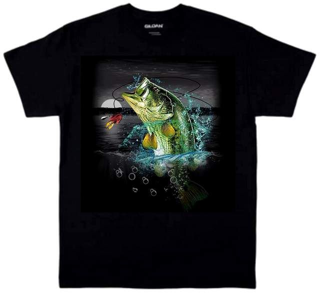 12 Pieces Bass Wilderness Fishing Black Shirts Plus Size - Mens T