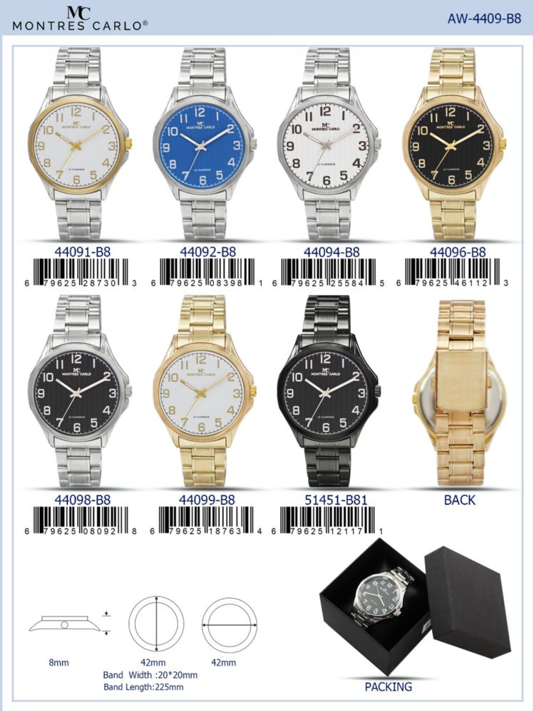 12 Wholesale Men's Watch - 44096-B8 assorted colors