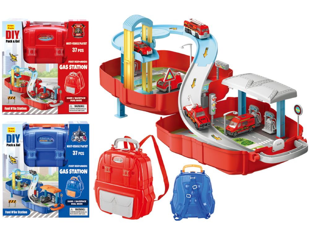 16 pieces of Police & Rescue Fuel Station Take-A-Part Play Set With Accessories 37 Pcs Set (2 Asstd. Styles)