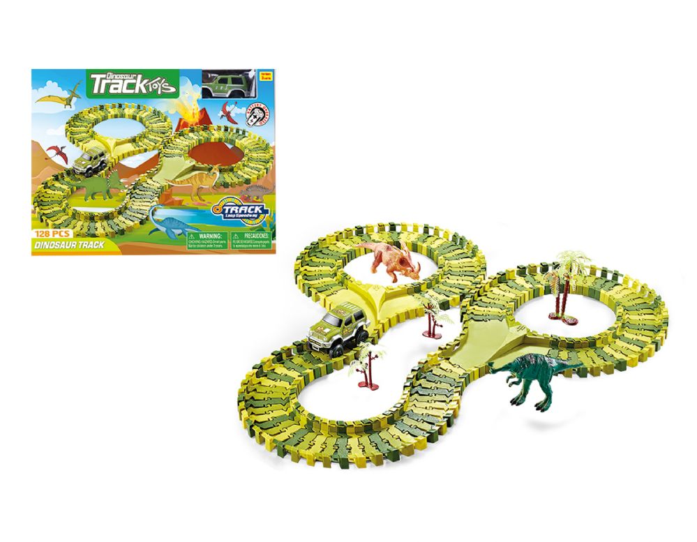 18 pieces of 24.5" Assembled B/O Dinosaur Track With Car & Accessories, 128 Pcs Play Set