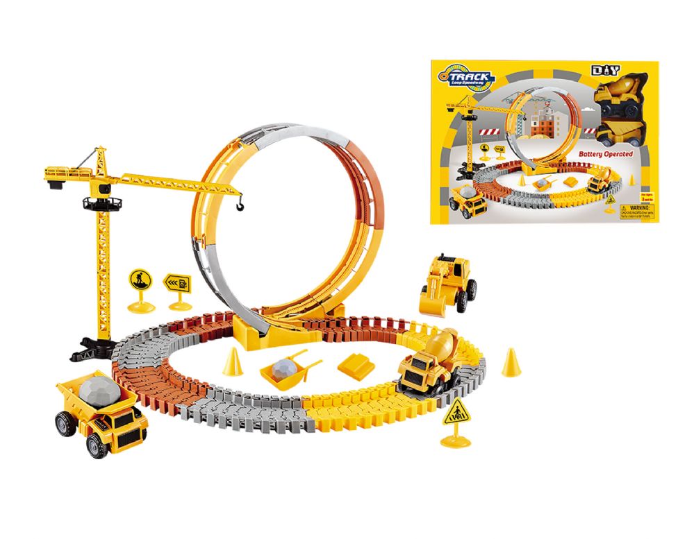 16 Wholesale 21.25" Assembled B/O Construction Track Coaster, Construction Crane, Vehicles And Accessories 99 Pcs Play Set