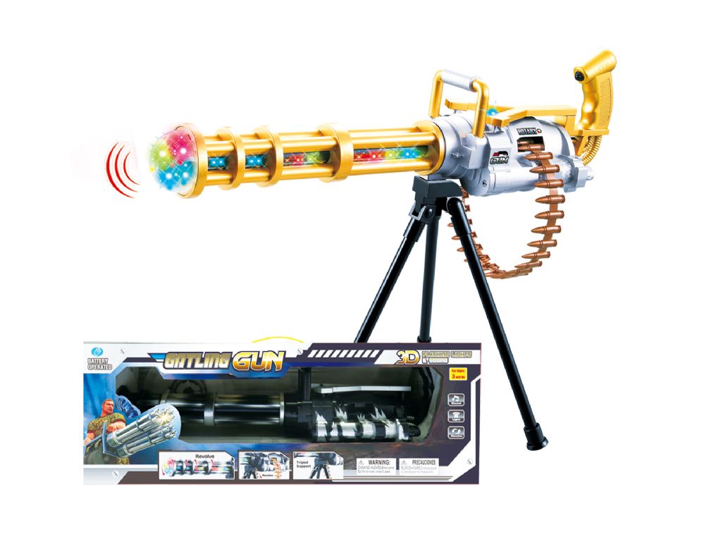 12 pieces of 23" Gatling Blaster 3D, Rotating Bullet Belt, Tripot With Light & Sound (2 Asstd. Colors)