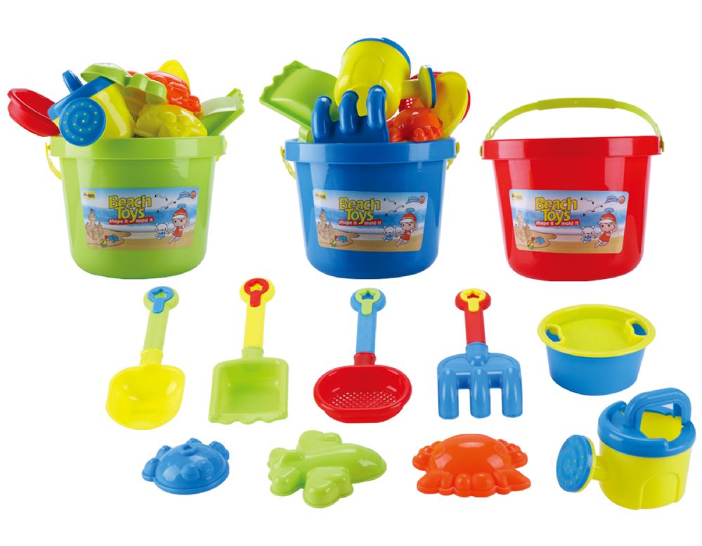 18 Wholesale 9" Sand Bucket With Accessories 12 Pcs Play Set (3 Asstd. Colors) Large Size