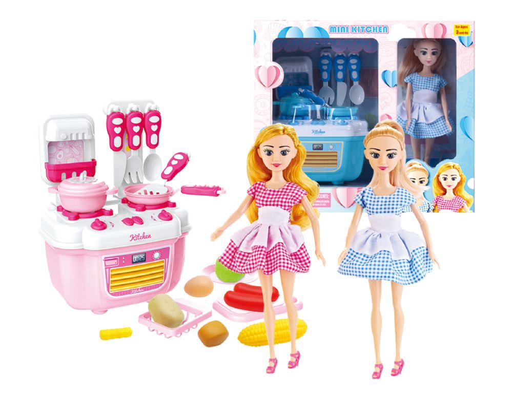 12 pieces of 12" Doll With Kitchen & Accessories Play Set (2 Asstd. Colors) Large Size 