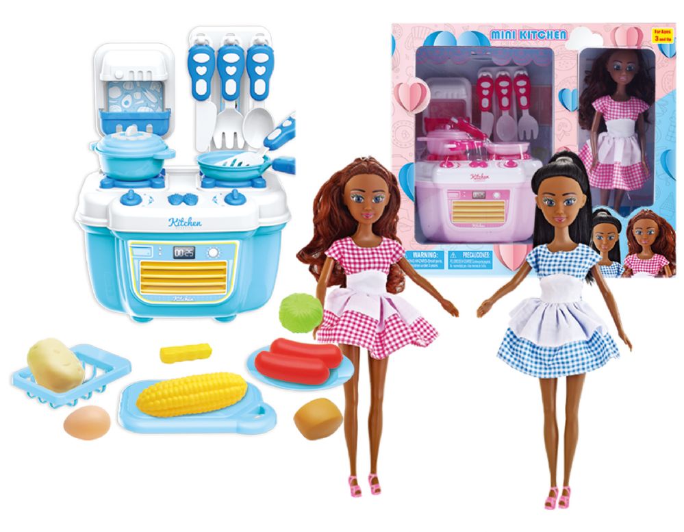 12 pieces of 12" Doll With Kitchen & Accessories Play Set (2 Asstd. Colors) Large Size 