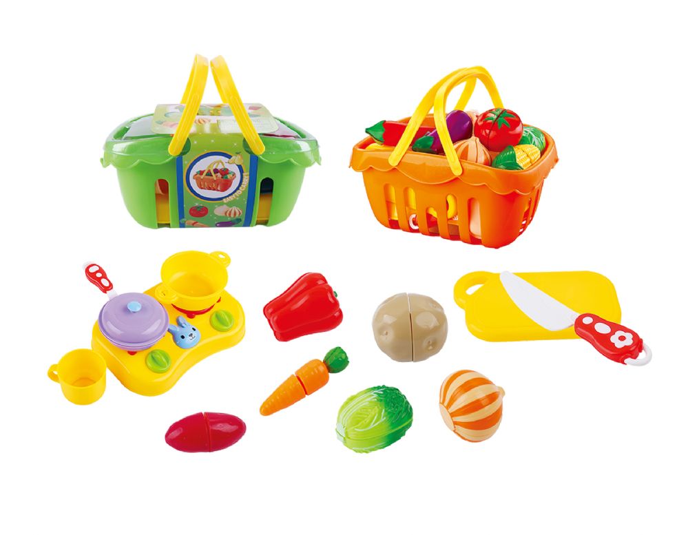 24 pieces of 11" Basket Cutting Food With Accessories 20 Pcs Set Play Set (2 Asstd. Colors)