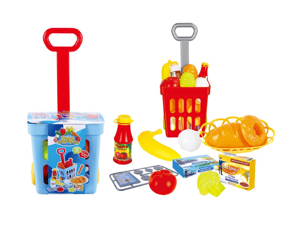 24 pieces Shopping Basket With Wheels, 17" Extended, Accessories 14 Pcs Play Set  (2 Assdt. Colors )  - Toy Sets