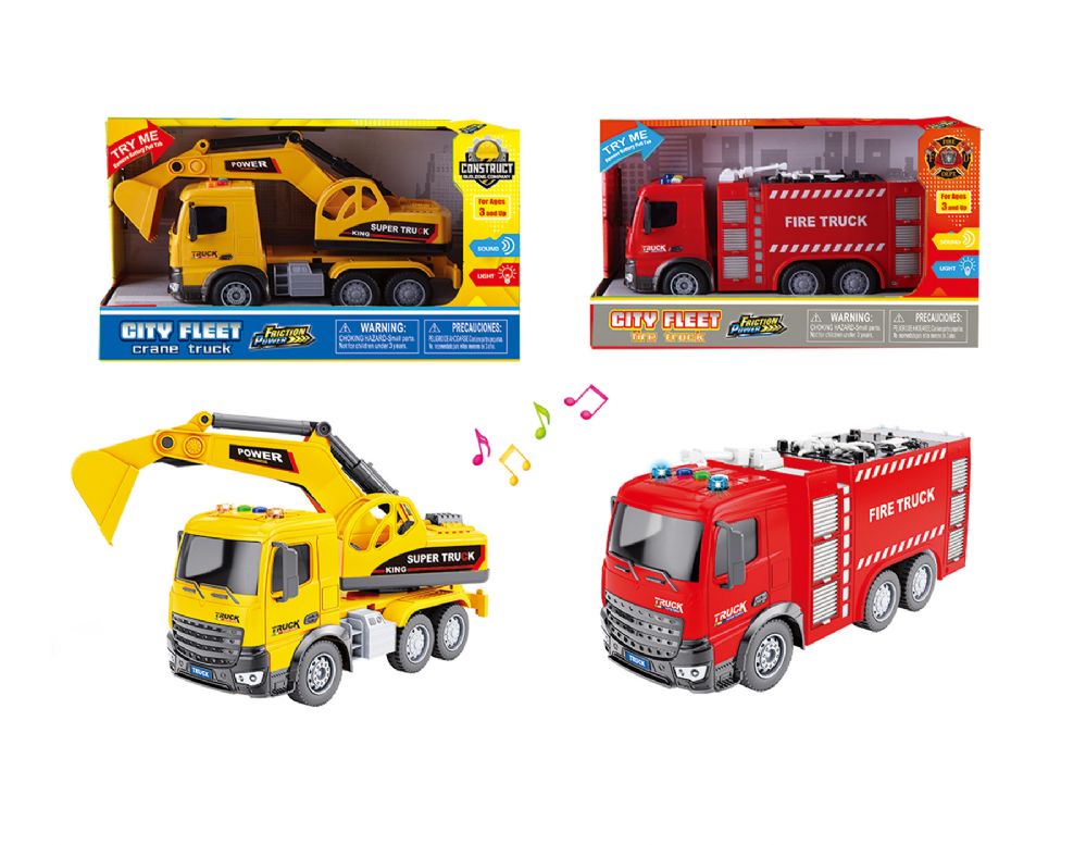 24 pieces 9.85" B/O Friction Rescue & Constriction Trucks With Light & Sound (2 Asstd. Styles) - Cars, Planes, Trains & Bikes