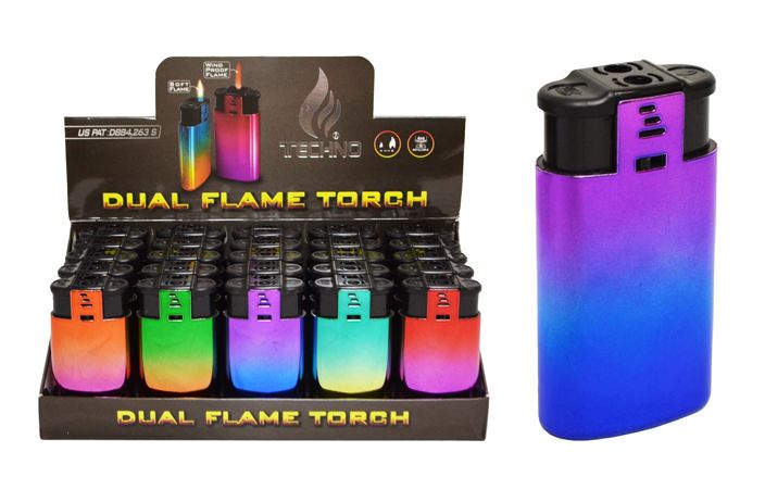 24 Wholesale Dual Flame Lighter (flame & Torch) (rainbow Metallic)