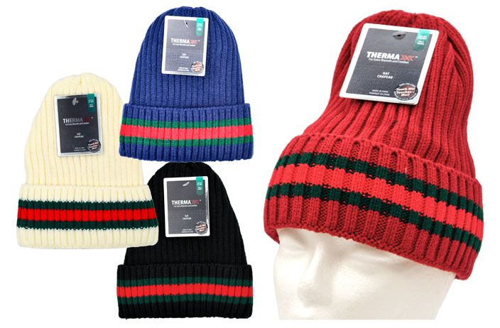 12 Wholesale Knit Hat With Thermal Lining (red/green Stripe)