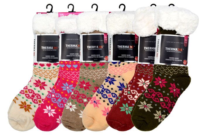 12 Pairs of Knit Sherpa Socks With Grips (assorted)