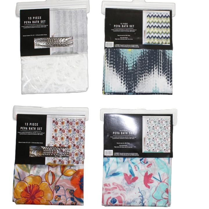 24 Pieces of 72 In X 72 In Printed Peva Shower Curtain With Metal Hooks, 4 Asst Colors, Vendor #py1258 C/p 24