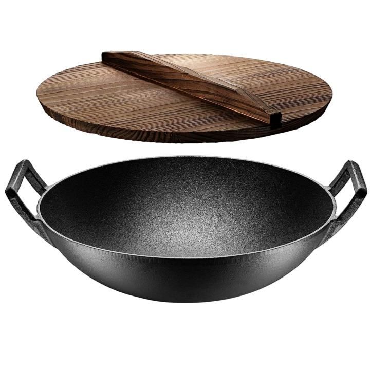 2 Wholesale 14 In Klee Black Cast Iron Wok Pan W/wood Lid And