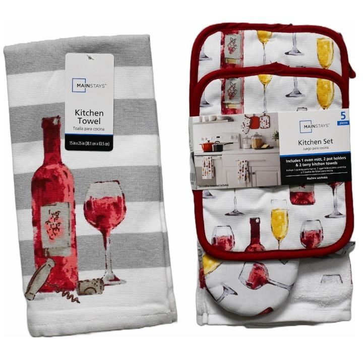 Mainstays Kitchen Towel, Oven Mitt & Pot Holder Kitchen Set, 5