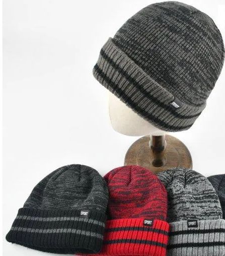 12 Pieces PlusH-Lined Knit Toboggan [variegated Top/striped Fold] - Winter Beanie Hats