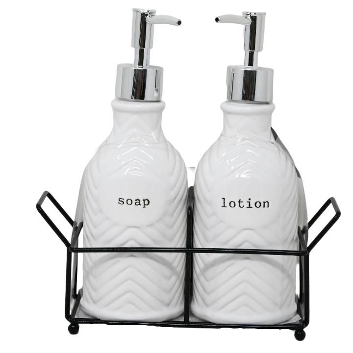 12 Pieces of Chevron Ceramic Bath Soap And Pump With Metal Base C/p 12