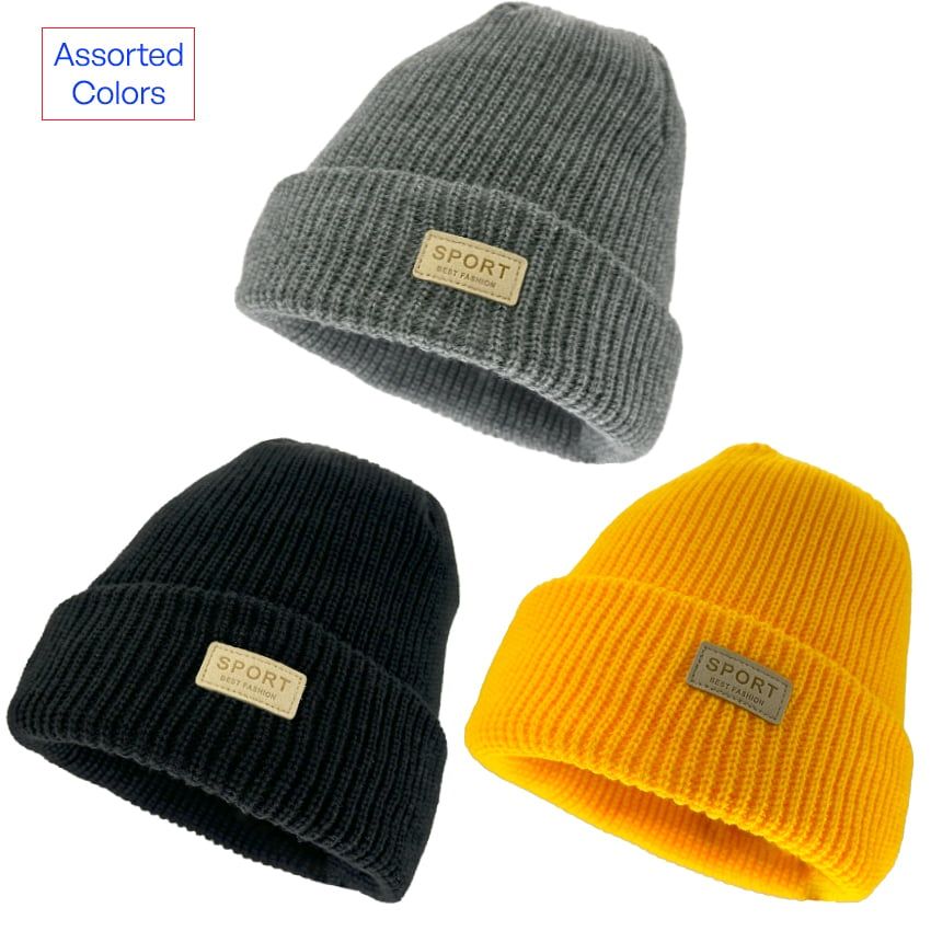 12 pieces Designer Beanies with Sport Logo - Assorted Colors - Winter Beanie Hats