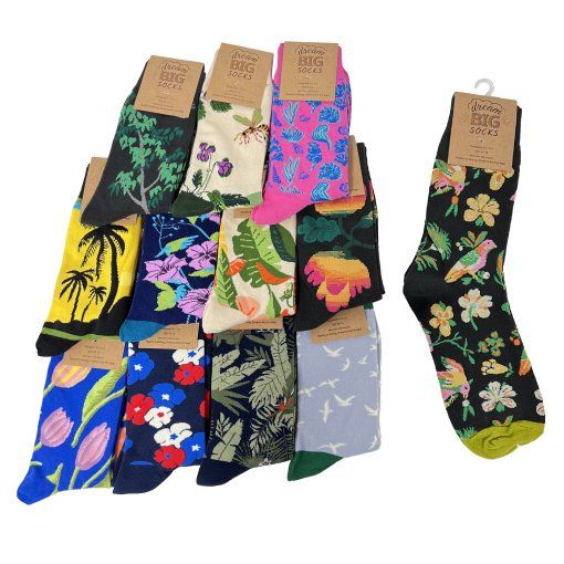 24 Pairs of Fun Print Crew Socks Mens 10-13 (flowers/plants)