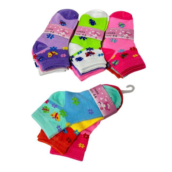 24 Pairs 3pr Girl's Printed Ankle Socks 4-6 (butterfly & Daisies) - Girls Ankle Sock