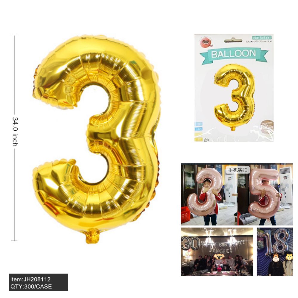 300 Pieces of 34" Aluminum Balloon Gold Color Number "3"