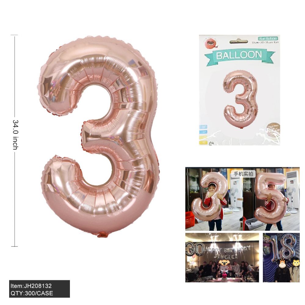 300 Pieces of 34" Aluminum Balloon Pink Color Number "3"