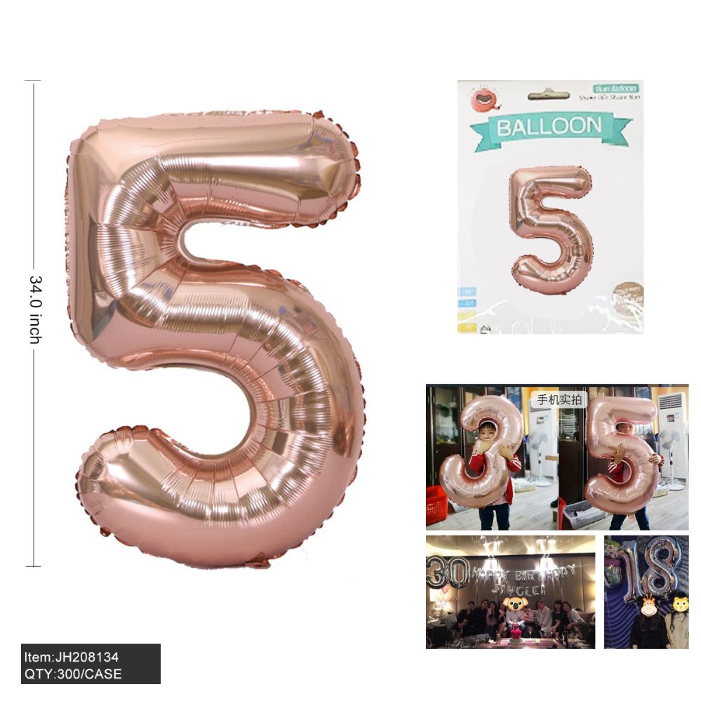 300 Pieces of 34" Aluminum Balloon Pink Color Number "5